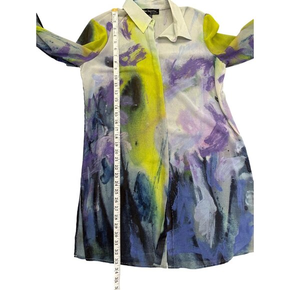 Claire Desjardins Button-Up Tunic Sheer Abstract Top Purple Yellow Womens Size M - Picture 6 of 8